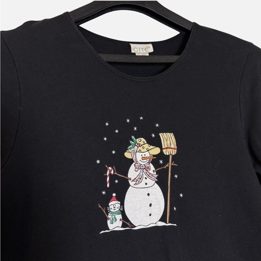 VTG 90s Holiday Dress Christmas Snowmen Sm Black Long Midi Dark Academia - Picture 3 of 6